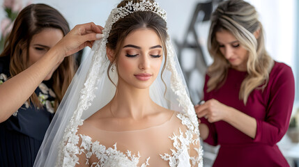 Serene beautiful bride during wedding preparation. woman helps with her elegant white dress, lace veil, and tiara