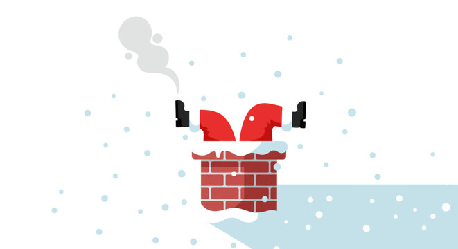 Santa is stuck in a chimney with his legs and arms sticking out surrounded by falling snow