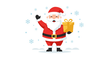 Cartoon Santa holds a present wearing red  black attire with snow dots  snowflakes around