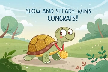 Cute turtle carrying medal on shell slow and steady wins congratulations greeting card design