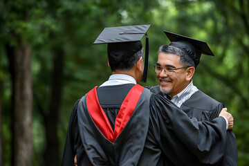 Proud father gives graduate son warm hug. happy man celebrating family graduation day accomplishment outdoors