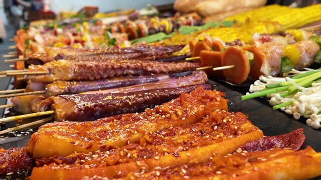 4K Asian Street Food Skewers &mdash; Marinated Meat and Vegetables at Vietnamese Market