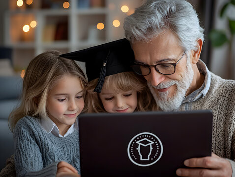 Happy grandfather with grandchild family learning together on laptop at home. joyful moment of e learning and technology