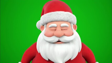 An animated 3D Santa Claus character with a big white beard and red hat smiles and laughs heartily on a green screen. - Powered by Adobe