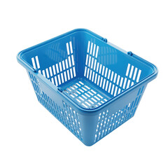 Light blue plastic shopping basket with handles on transparent background