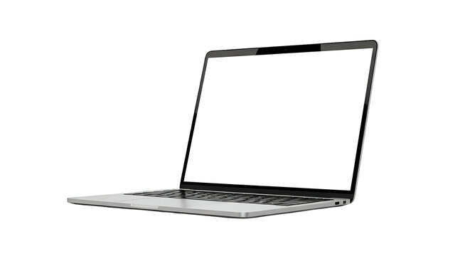 Open silver laptop with a blank white screen on black background