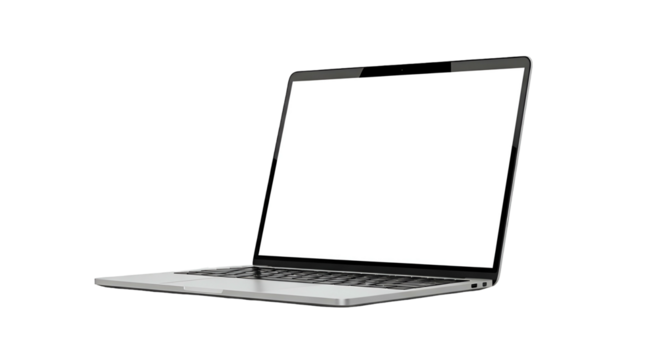 Open silver laptop with a blank white screen on black background - Powered by Adobe