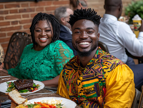Happy black couple laughing while dining at restaurant. joyful man and woman enjoying meal together outdoors