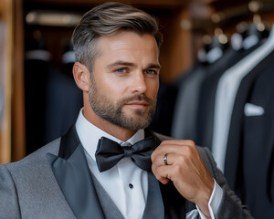 Confident handsome groom, man adjusting his black bowtie on gray tuxedo suit. Getting ready for formal wedding
