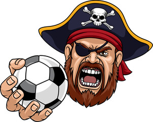 A Pirate man holding Soccer Football ball sports team cartoon charcater mascot illustration.
