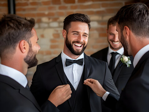 Happy groom laughing with his groomsman friend while getting ready for wedding. group of men in formal suit