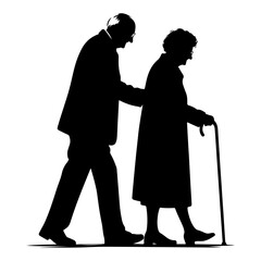 Elderly couple walking together silhouette illustration