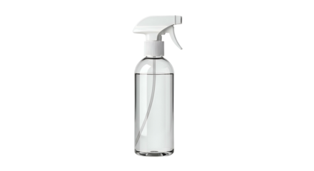 Clear spray bottle filled with liquid, white spray nozzle and cap