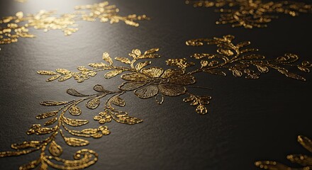 Luxurious gold floral embroidery pattern intricately detailed on a dark textured background, exuding elegance and sophistication for premium designs.