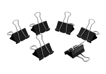 Six black binder clips arranged on transparent background