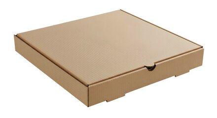 Closed square corrugated cardboard box with a small tab
