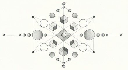 Intricate geometric pattern with 3D cubes and spheres, creating a visually stunning abstract design for modern graphics and conceptual art projects