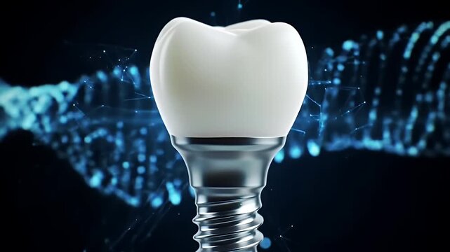 Detailed White Tooth Implant on Black Background with Abstract Blue Light Pattern
