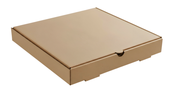 Closed square corrugated cardboard box with a small tab