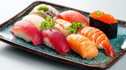 A vibrant, close-up of nigiri sushi varieties artfully arranged on a textured rectangular plate