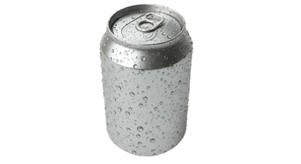 Chilled silver beverage can, adorned with many small water droplets