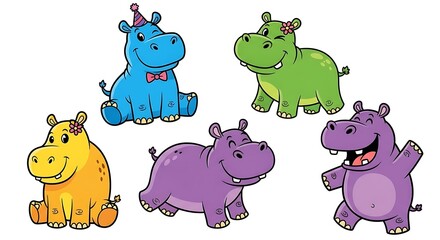 Obraz premium Set of cute, funny and colorful cartoon hippos, isolated on white background