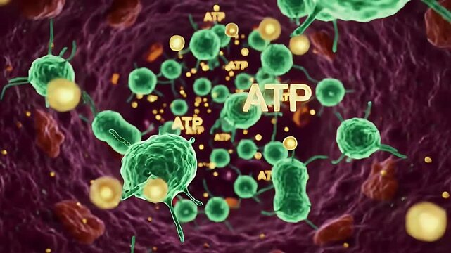 Adenosine Triphosphate Illustration with Green Spheres and Purple Veins