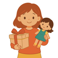 Obraz premium Happy cartoon girl with auburn hair holding a gift box with a red ribbon and a cute doll.