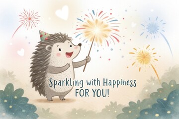 Cute hedgehog holding sparklers festive celebration whimsical congratulations greeting card design