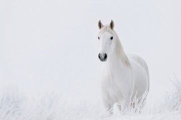 Fototapeta premium Minimalist portrait of a white horse in a snowy landscape Generative AI