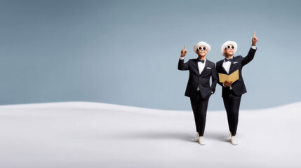 Fototapeta premium Two men businessman twin walking pointing up in suit hat sunglasses carrying folder cheerful confident