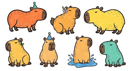 Fototapeta premium Set of cute, funny and colorful cartoon capybara, isolated on white background
