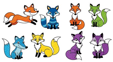 Fototapeta premium Set of cute, funny and colorful cartoon foxes, isolated on white background
