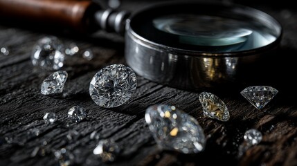 Sparkling diamonds scattered on a dark wooden surface with a magnifying glass nearby. Concept for luxury retail, jewelry design and treasure hunting or gemstone appraisal