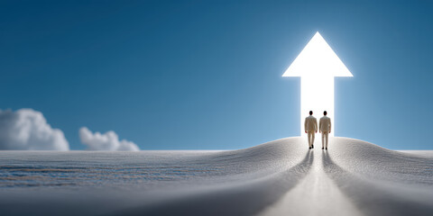 Fototapeta premium Business two businessmen walking toward illuminated arrow symbol on sand dune under blue sky conveying growth ambition