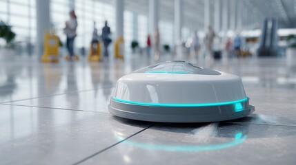 A modern floor cleaning robot autonomously navigates a busy airport terminal with gleaming tile floors. Concept for innovation in cleaning, automated hygiene solutions and public space maintenance