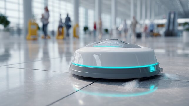 A modern floor cleaning robot autonomously navigates a busy airport terminal with gleaming tile floors. Concept for innovation in cleaning, automated hygiene solutions and public space maintenance