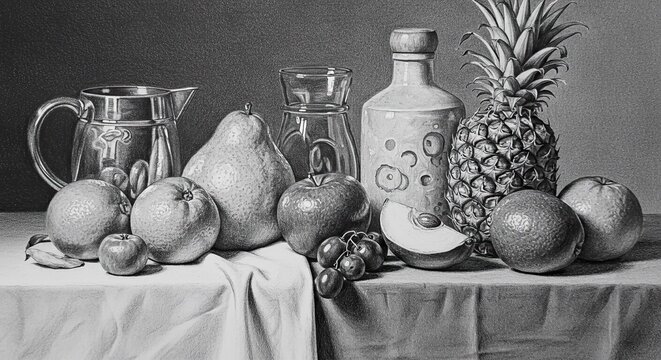 Exquisite still life composition featuring a vibrant assortment of fresh fruits and elegant glassware, rendered with masterful detail for timeless appeal.