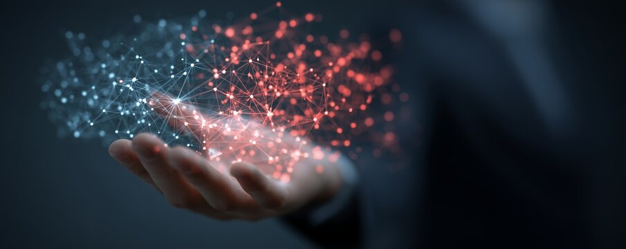 Man holding illuminated digital network with blue and red node connections on a dark background. Concept for data analysis, artificial intelligence and global communication - Powered by Adobe