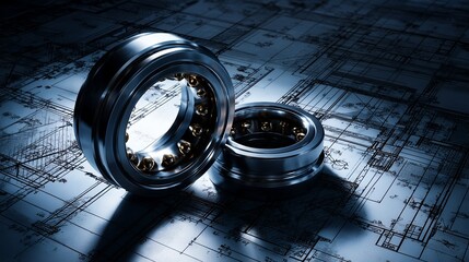 Two shiny ball bearings sit on technical blueprints with blue illumination, concept for mechanical engineering, industrial design and automotive industry