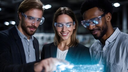 Team collaborating on futuristic holographic interface for strategy planning