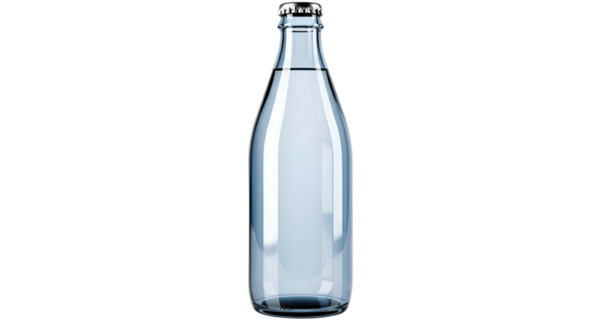 Clear glass bottle filled with water, metal cap on a dark backdrop
