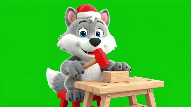 A cute animated wolf character wearing a Santa hat hammering wood on a workbench on a green screen.