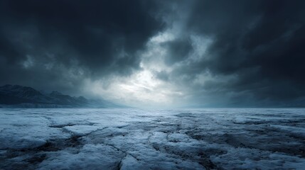Obraz premium A desolate cracked ice landscape stretches towards distant mountains beneath a dramatic stormy sky with light breaking through