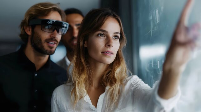 Professionals collaborate using augmented reality technology in an office setting