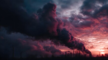 Obraz premium Dark industrial smoke plumes against a vibrant sunset sky highlighting pollution
