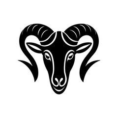 Stylized black ram head with curved horns on transparent background