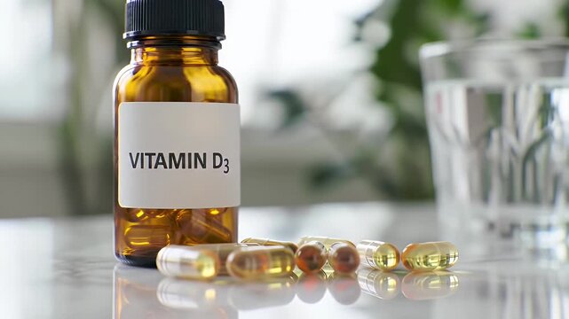 Vitamin D3 Supplement Brown Bottle With Pills And Glass On Marble Table In Bright Indoor Setting