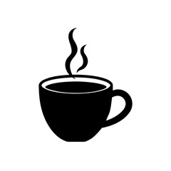 Black coffee cup with steaming hot liquid on transparent background
