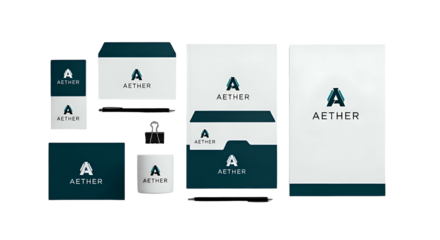 Stationary mockups in clean white and teal hues with A design